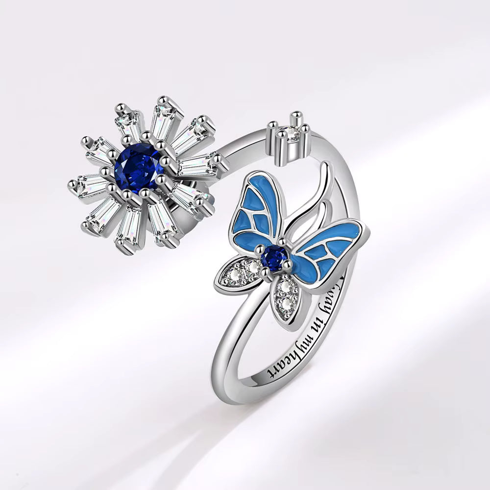 Blue Butterfly & Flower Crystal Ring – Silver-Plated Copper Ring