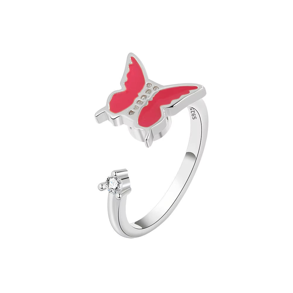 Red Butterfly Flower Ring ā Silver Plated Copper Adjustable Statement Ring