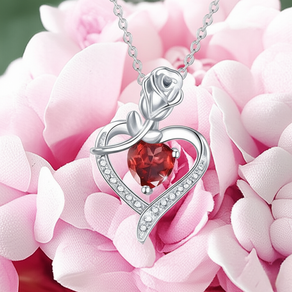 Heart Rose Crystal Pendant Necklace for Women - 5 color option | Romantic Gift for Her, Anniversary, Birthday, Valentine's