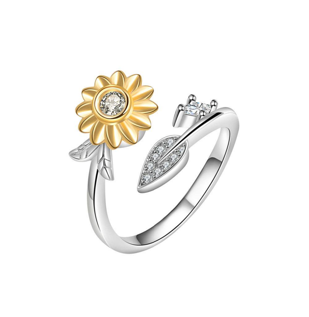 Sunflower & Leaf Crystal Ring – Silver & Gold Plated Copper Adjustable Ring