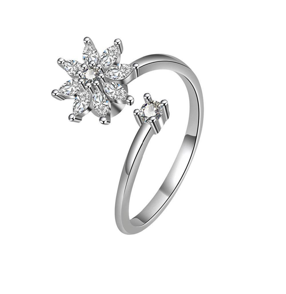 White Gem Flower Ring – Silver Plated Copper Adjustable Ring