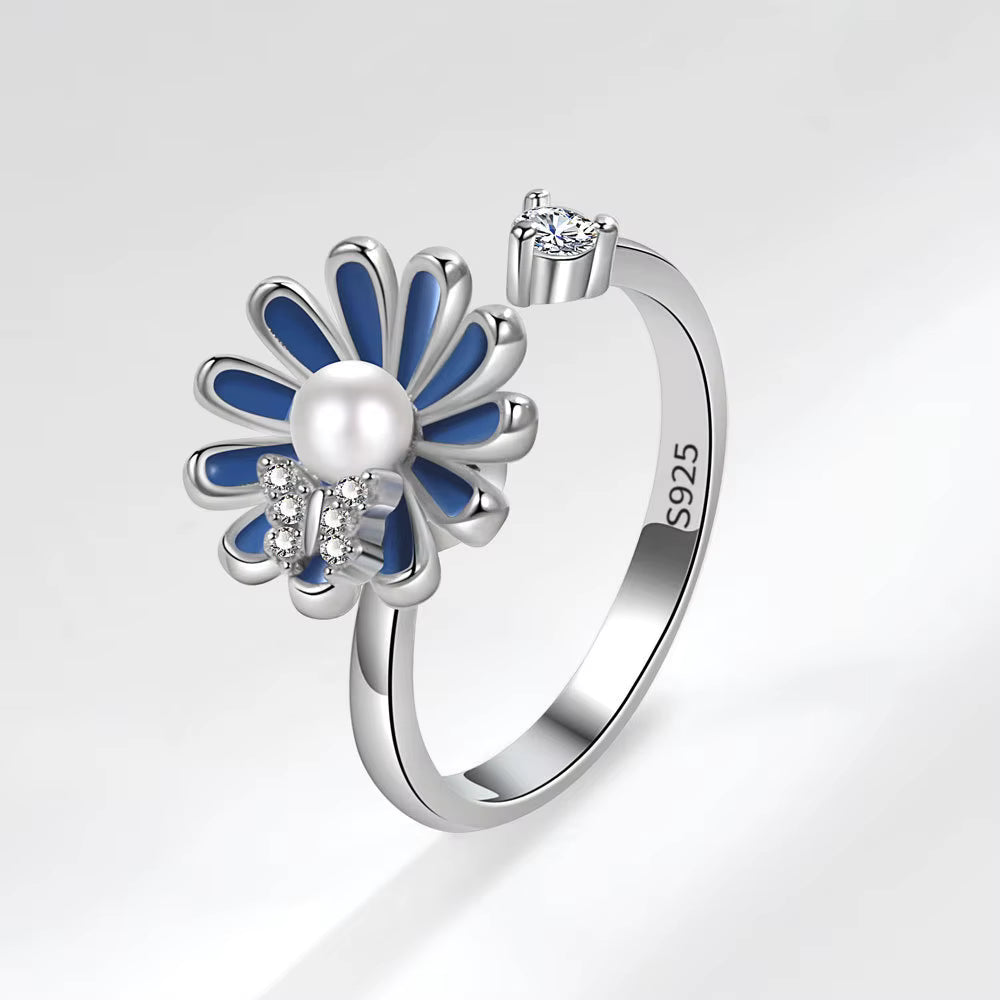 Blue Daisy Flower Pearl Butterfly Ring –  Adjustable Ring