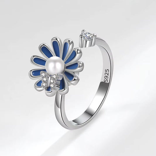 Blue Daisy Flower Pearl Butterfly Ring –  Adjustable Ring