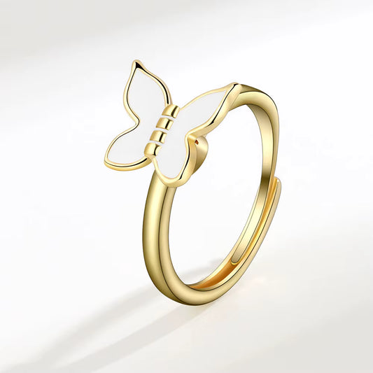 White Butterfly Flower Ring – Silver & Gold Plated Copper Adjustable Ring