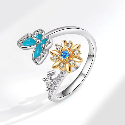 Blue Butterfly & Flower Crystal Ring – Silver Plated Copper Adjustable Ring