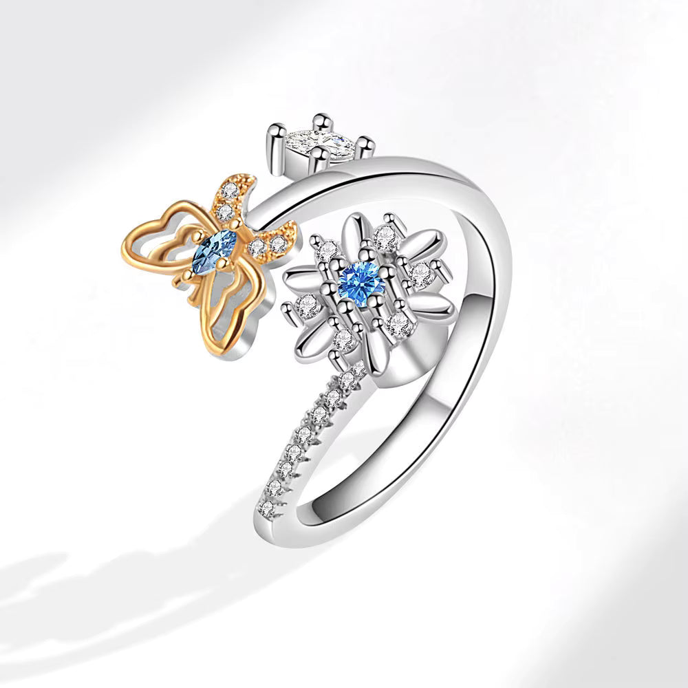 Butterfly & Flower Crystal Ring – Silver Plated Copper Open Adjustable Ring with Blue Crystal