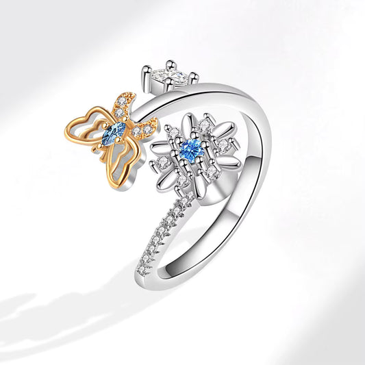Butterfly & Flower Crystal Ring – Silver Plated Copper Open Adjustable Ring with Blue Crystal