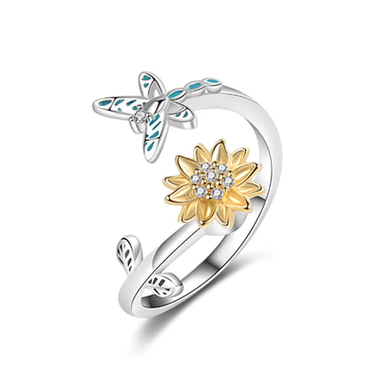 Butterfly & Flower Garden Ring – Silver & Gold Plated Copper Adjustable Ring