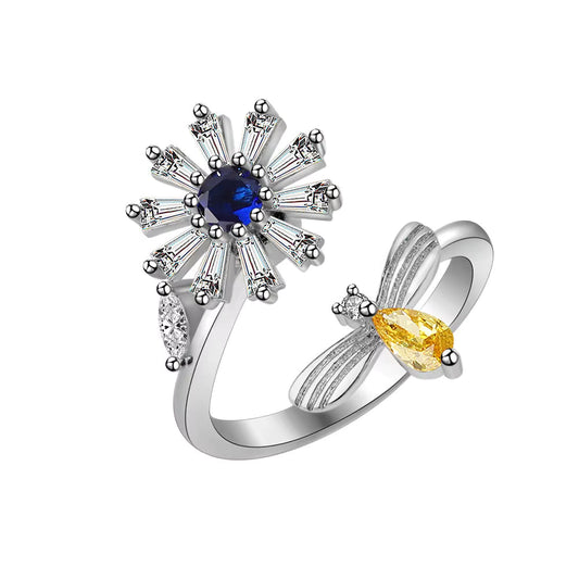 Bee & Flower Crystal Ring – Silver Plated Copper Adjustable Ring