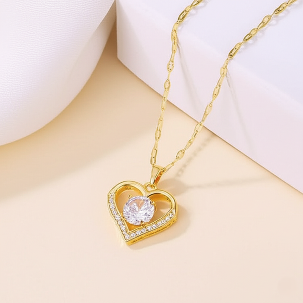 18K Gold Plated Heart & Zircon Pendant Necklace