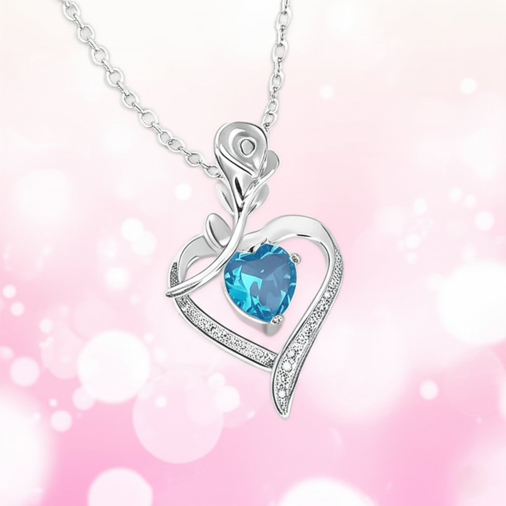 Heart Rose Crystal Pendant Necklace for Women - 5 color option | Romantic Gift for Her, Anniversary, Birthday, Valentine's