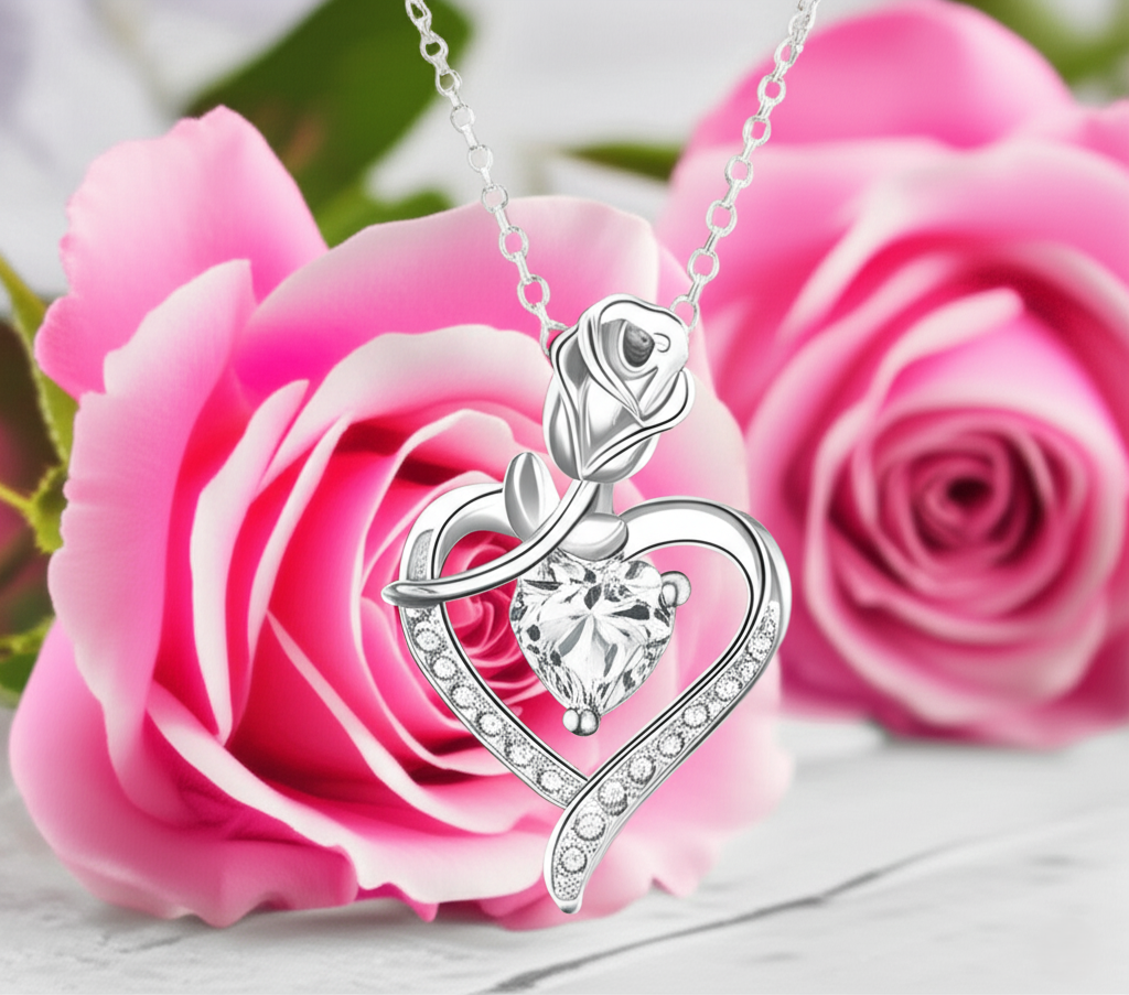 Heart Rose Crystal Pendant Necklace for Women - 5 color option | Romantic Gift for Her, Anniversary, Birthday, Valentine's