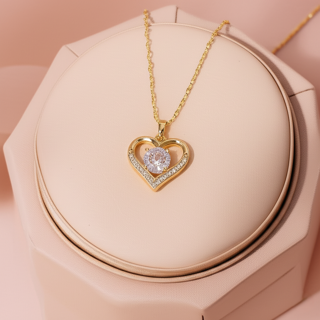18K Gold Plated Heart & Zircon Pendant Necklace