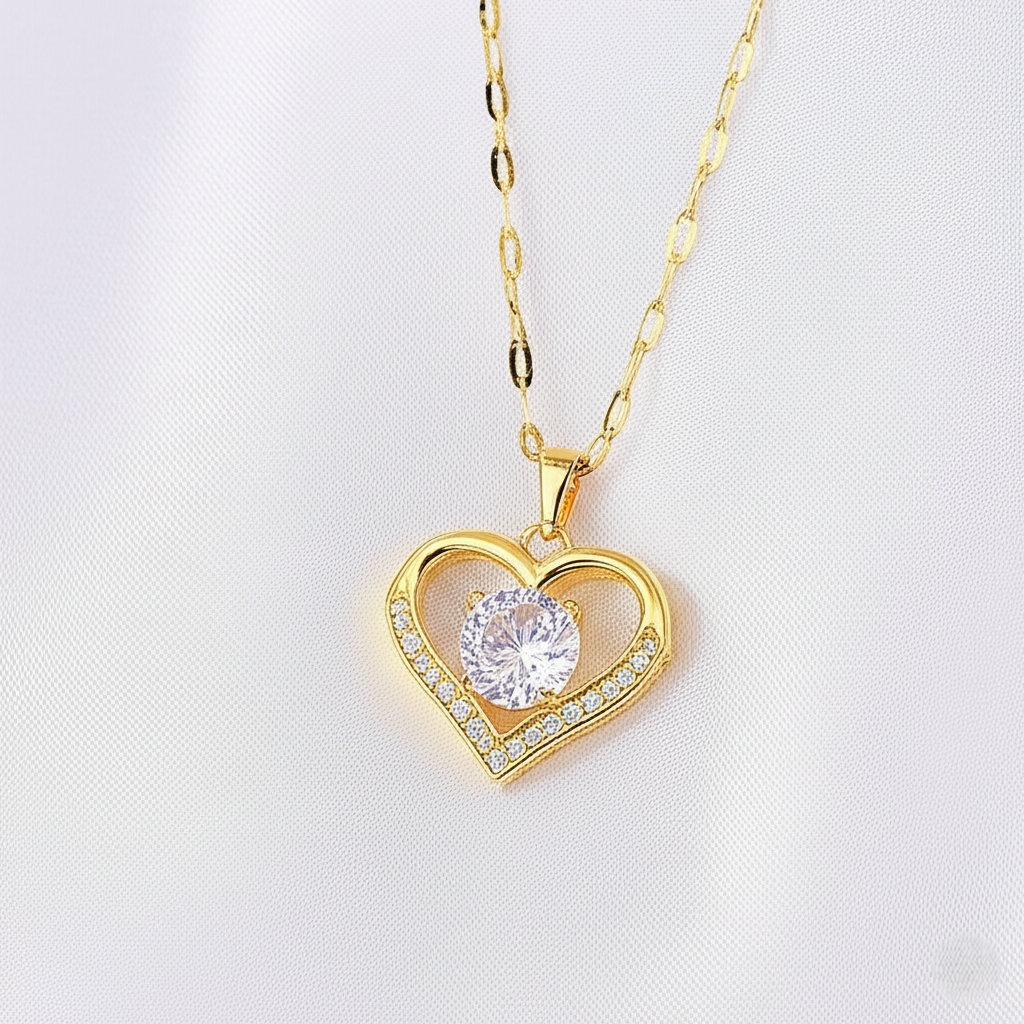 18K Gold Plated Heart & Zircon Pendant Necklace
