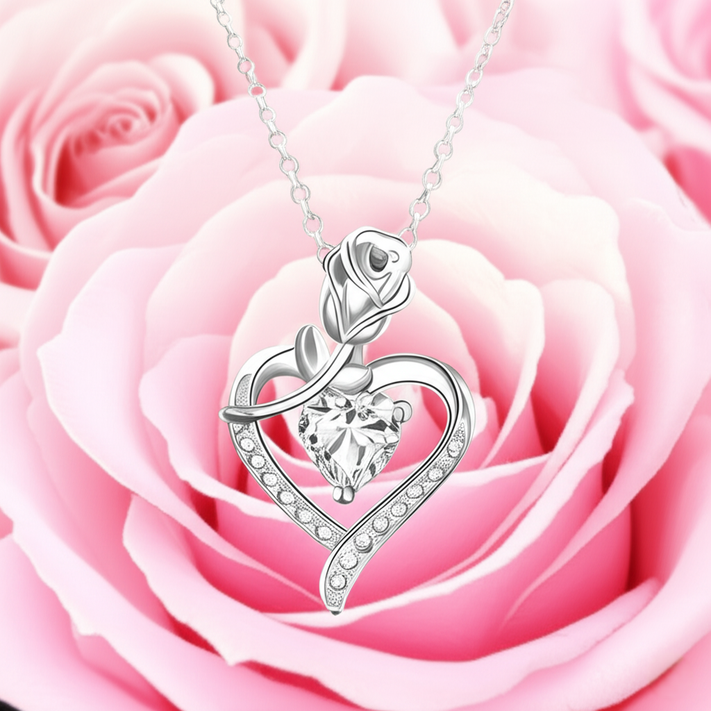 Heart Rose Crystal Pendant Necklace for Women - 5 color option | Romantic Gift for Her, Anniversary, Birthday, Valentine's