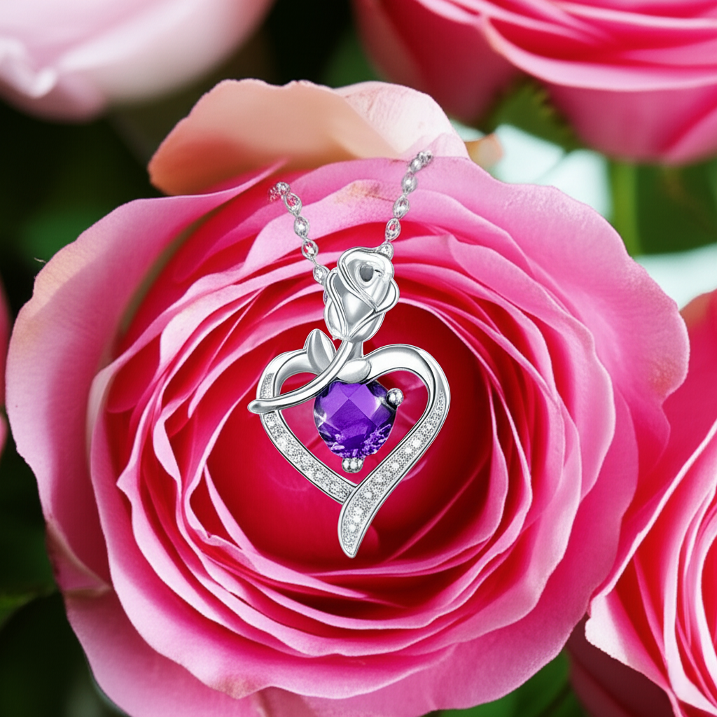 Heart Rose Crystal Pendant Necklace for Women - 5 color option | Romantic Gift for Her, Anniversary, Birthday, Valentine's