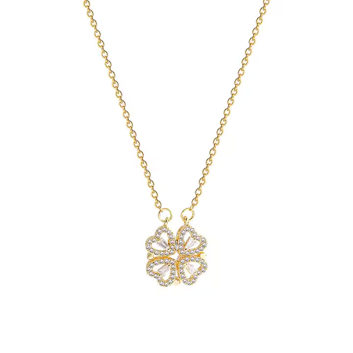 Women Four Leaf Clover Necklace Magnetic Folding Heart Gifts