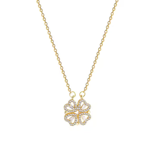Women Four Leaf Clover Necklace Magnetic Folding Heart Gifts