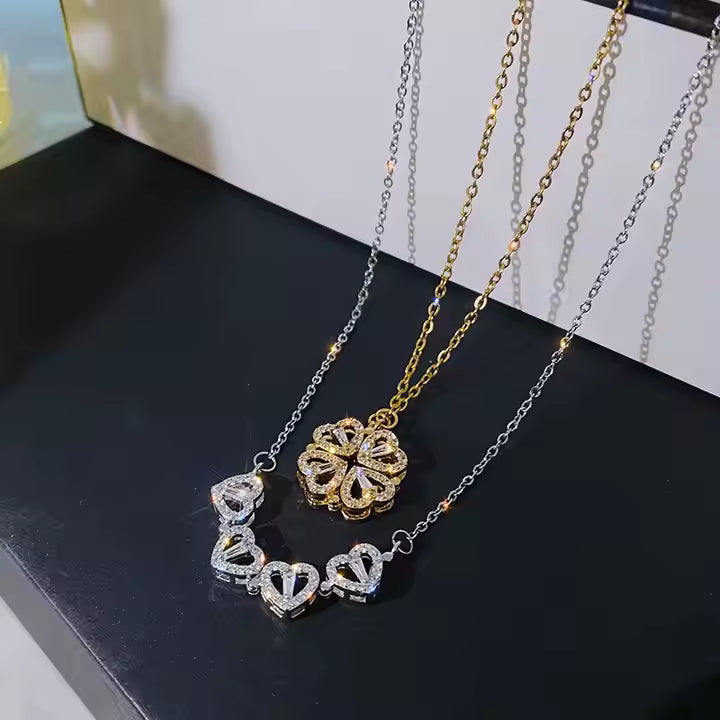 Women Four Leaf Clover Necklace Magnetic Folding Heart Gifts