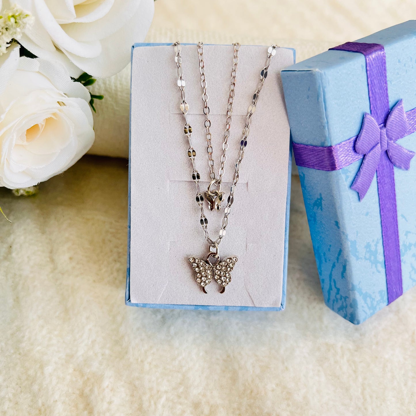 MC22 - Elegant Silver Butterfly Duo Necklace