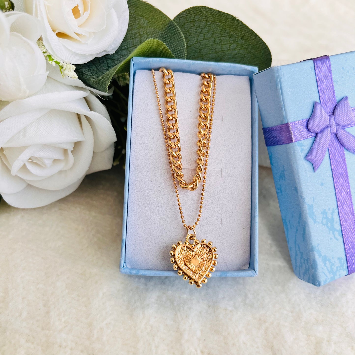 MC4 - Gold Layered Curb Chain & Heart Pendant Necklace