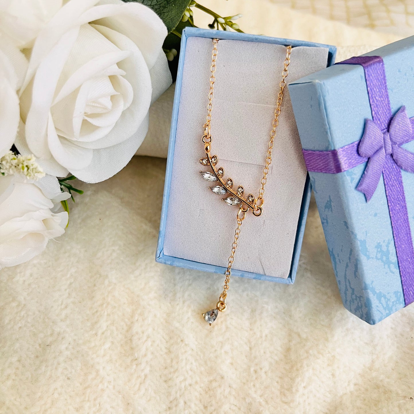 MC2 - Delicate Crystal Leaf Drop Necklace