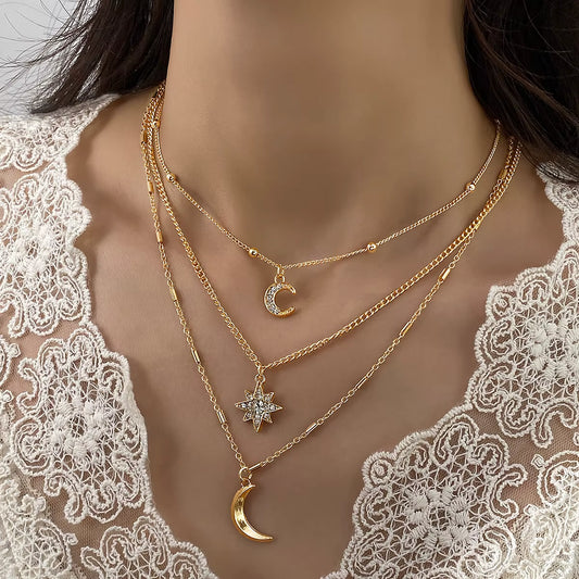 MC13 - Gold Multi-Layered Celestial Moon & Star Necklace