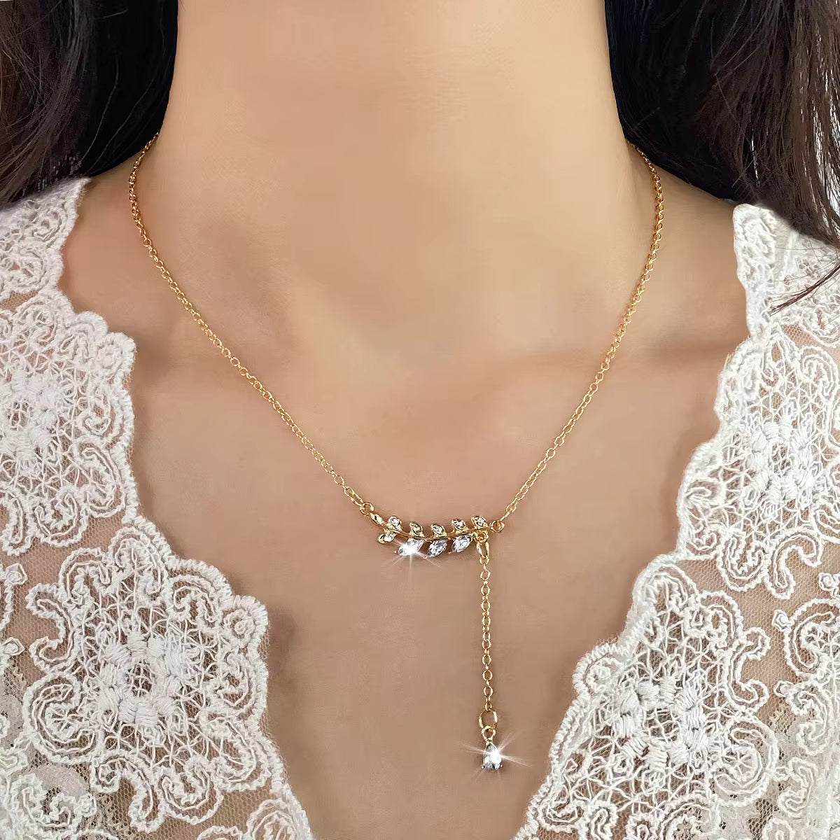 MC2 - Delicate Crystal Leaf Drop Necklace
