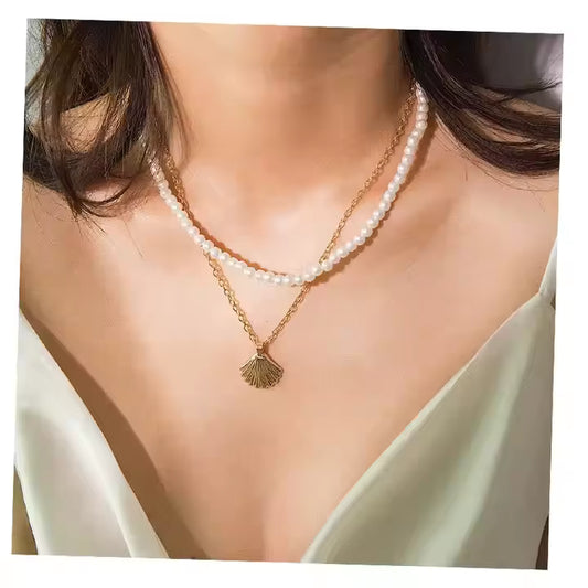 MC20 - Pearl Choker & Shell Charm Layered Necklace