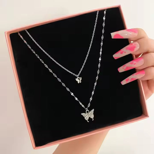 MC22 - Elegant Silver Butterfly Duo Necklace