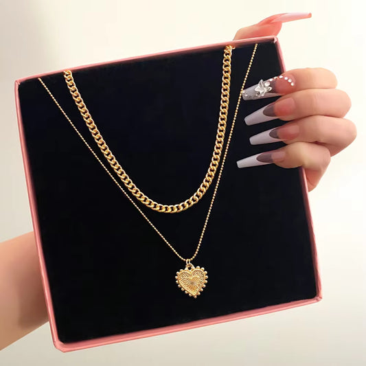 MC4 - Gold Layered Curb Chain & Heart Pendant Necklace