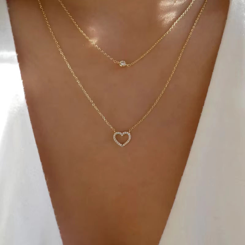 MC6 - Minimalist Heart Charm & Diamond Dot Necklace