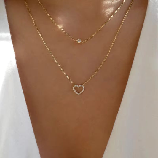 MC6 - Minimalist Heart Charm & Diamond Dot Necklace