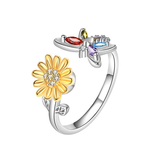 Rainbow Butterfly & Sunflower Ring – Silver & Gold Plated Adjustable Ring