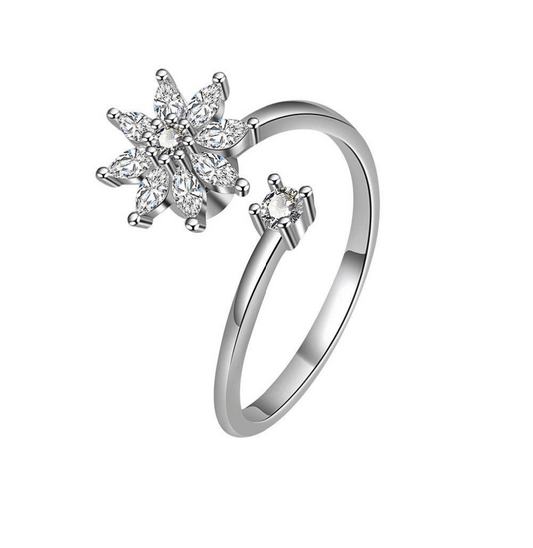 White Gem Flower Ring – Silver Plated Copper Adjustable Ring